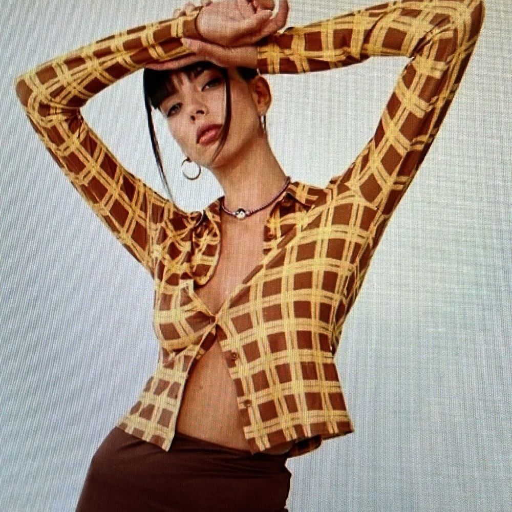 With Jean Yellow and Brown Plaid Button Down Shirt